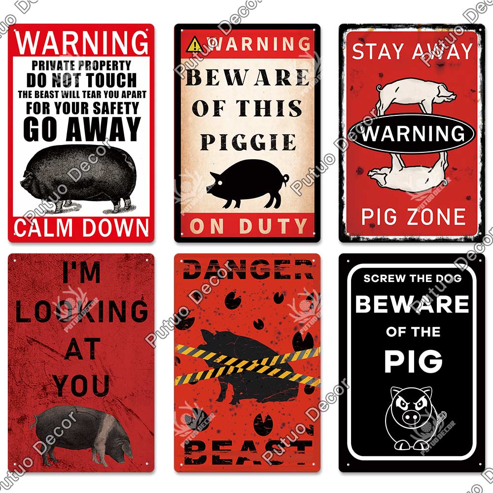 Putuo Decor Warning Tin Sign Vintage Metal Sign Pig Caution Plate Warning Decorative for Zoo Piggy Farm House Wall Decor