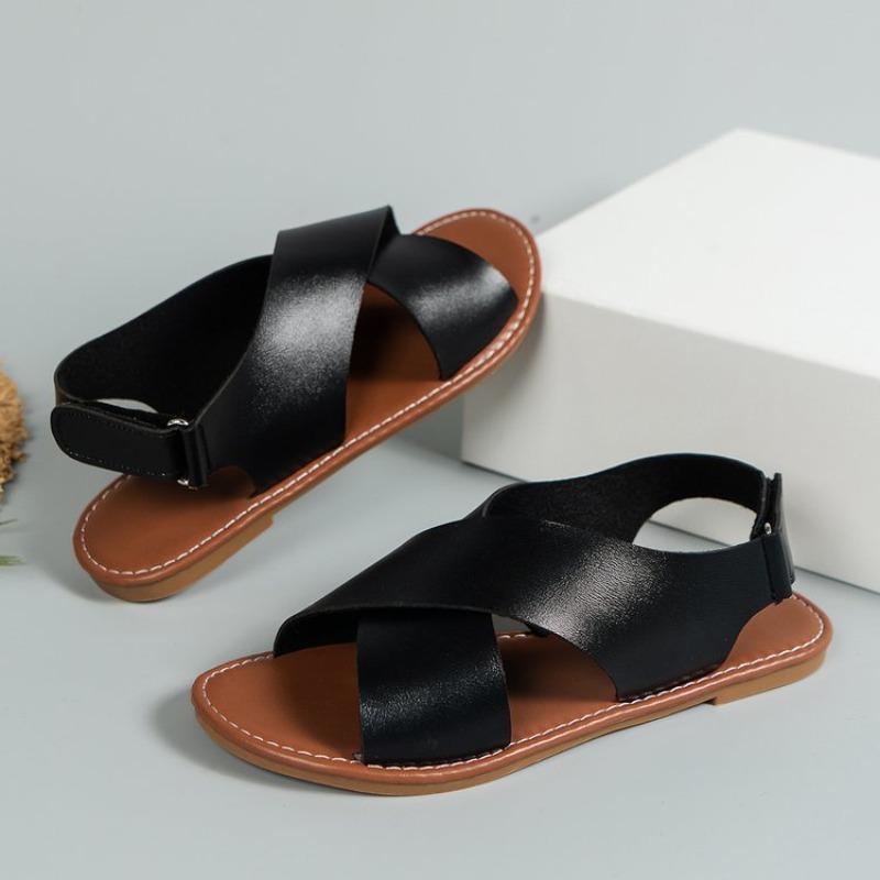 Women's Plus Size Cross Strap Flat Sandals Minimalist Retro Style Wide Strap Beach Slide Sandals