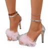 Four Seasons Sexy Feather High Heel Sandals Large Size Pink Round Head One-word Buckle Fashion Thin Heel Sandals Women