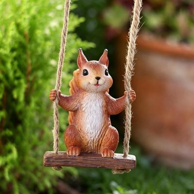 Weatherproof Swinging Squirrel Statue Lifelike Garden Decoration Squirrel On Swing  Landscape