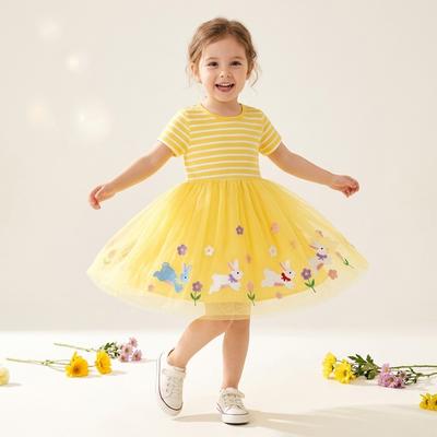 Robe d'été pour filles Mode Robe Princesse en Maille Brodée Lapin Patchwork Rayé Manches Courtes Robe pour Enfants