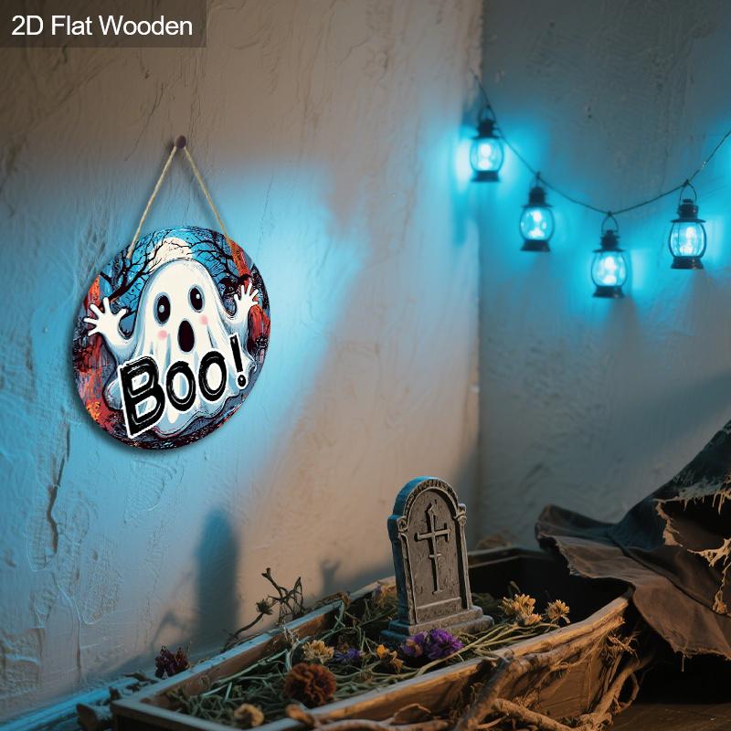 Halloween Wooden Sign with BOO Ghost Pattern - Charming Figurine Ornaments - Ideal for Front Door, Wall, Room Decor