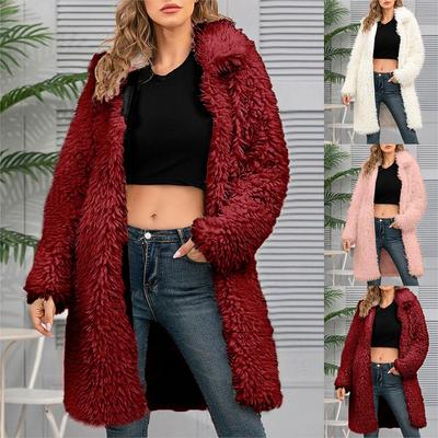Womens  Solid Color Lapel Faux Coat Top Women's Mid-Length Plush Coat