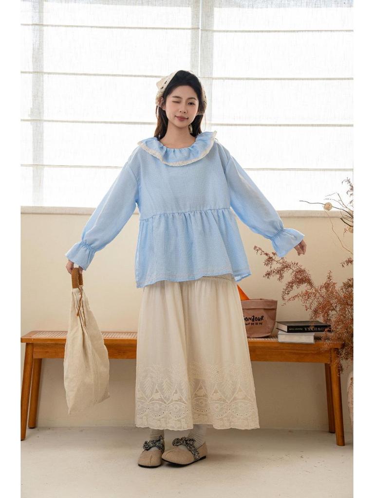 Plaid Patchwork Long Sleeve Doll Shirt - Spring 2026 Forest Girl Slimming Loose Top