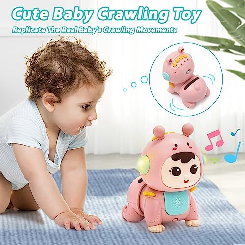 Highttoy Baby Crawling Toy with Lights and Music, Tummy Time Sensory Toy for Infants 3 6 9 Months, Pink