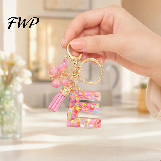 Initial Letter Charm Keychain Pink Series Pendant, Sequins Heart Key Chain with Holder Pendant Butterfly Tassel Design, A-Z for Bag Purse Backpack