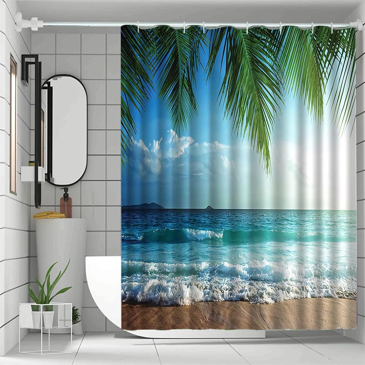 

Jit1pc Seaside Scenery Shower Curtain, High-End Elegant Bathroom Decoration Pattern W90xH180cm