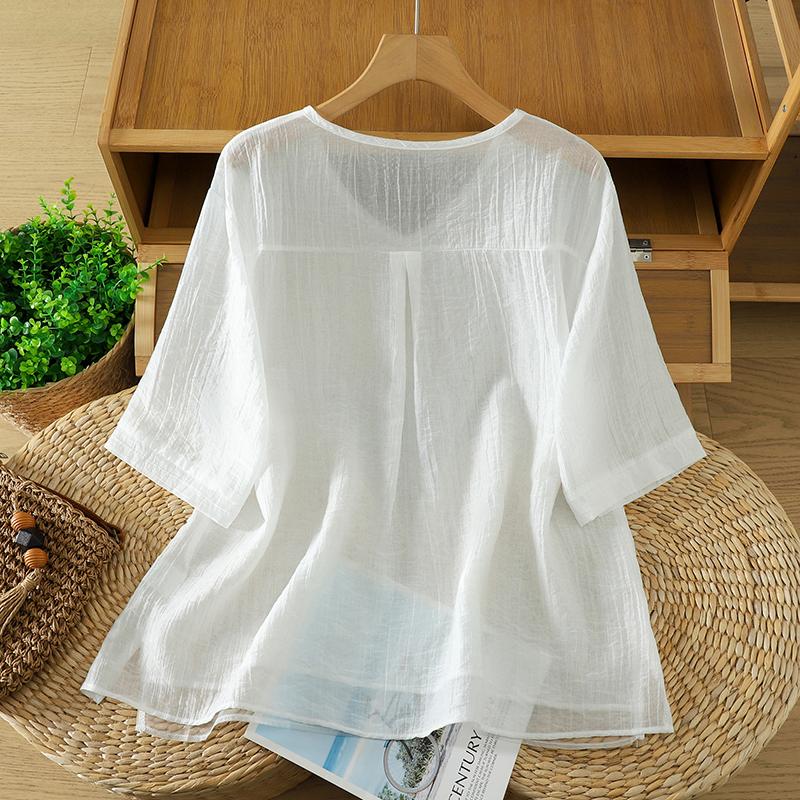 DIMANAF 2026 Women Plus Size New Summer Blouse Shirt Short Sleeve Casual Loose Lady Tops Shirts Linen Embroidery