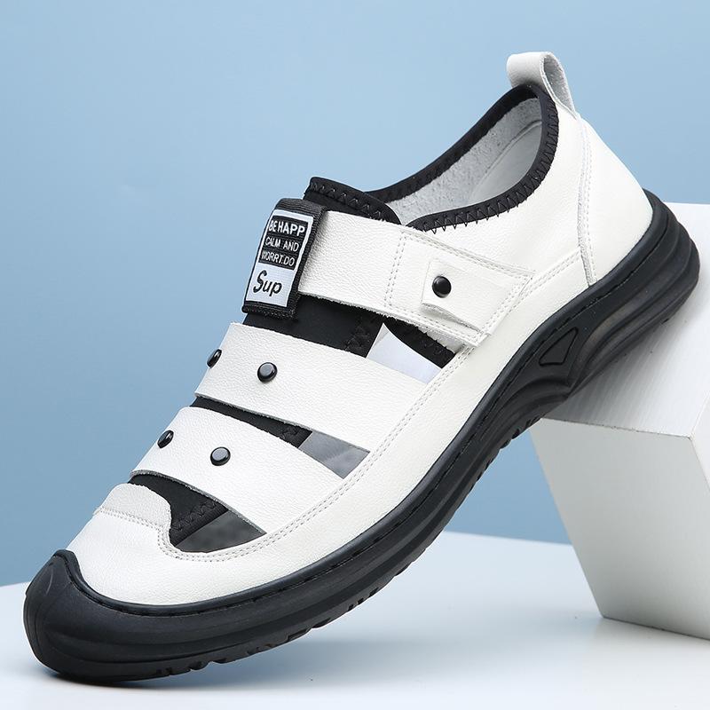 Men's Leather Sandals Leather Men's Shoes Summer Breathable Middle-aged Hole Shoes Men's New Non-slip Soft-soled Casual Dad Shoes