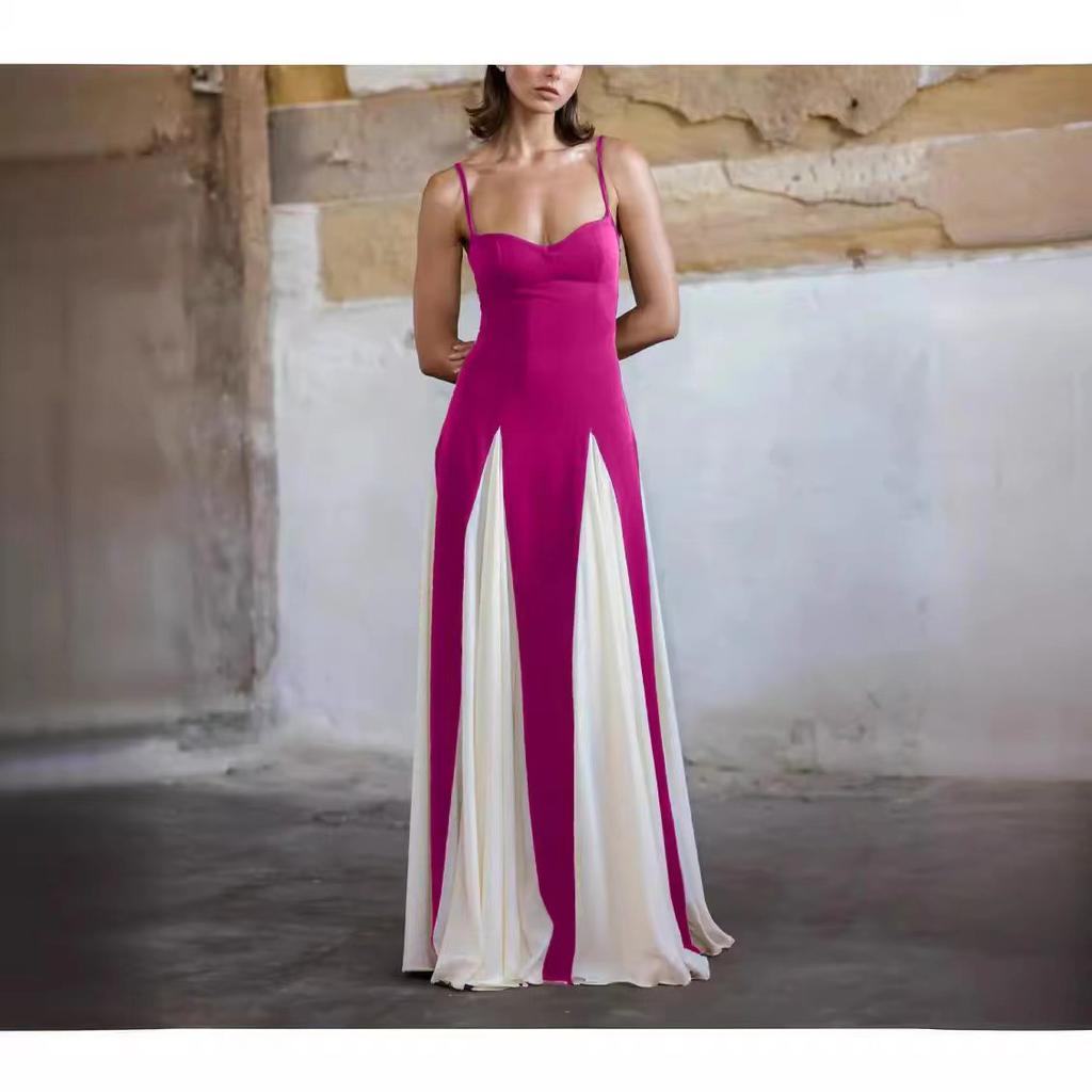 Summer European American Fashion Stitching Waist Slim Sling Dress