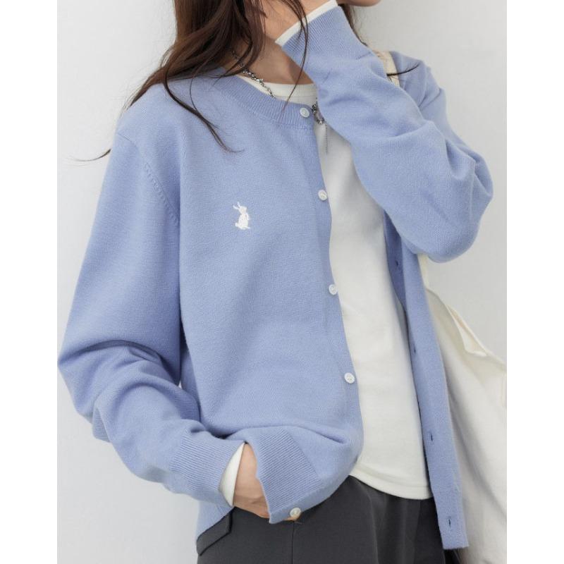 Spring and Autumn New Rabbit Embroidered Knitted Cardigan Women's Casual Versatile Solid Color Top Loose Sweater Women's Jacket Trend