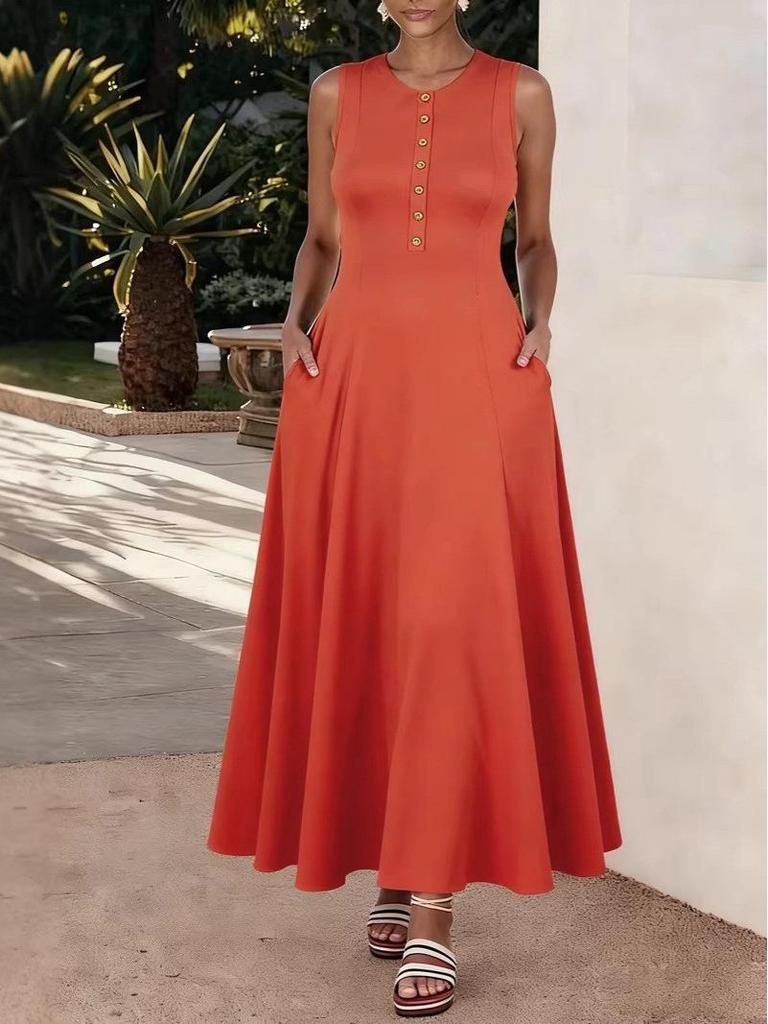 2026 Sleeveless Solid Color Maxi Dress - Elegant & Breezy European & American Style Summer Wear for Women