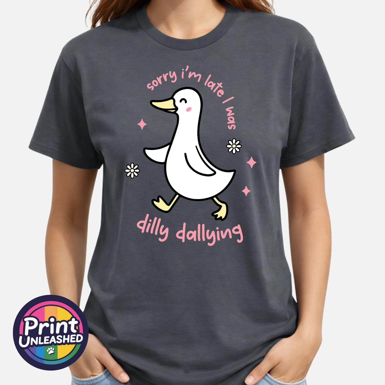 Funny Sorry I m Late Tee Dilly Dally Duck Graphic T-Shirt Dilly Dallying Top M