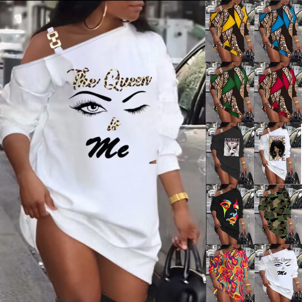 BITCED Damen Langarm Herbst Bedruckt Metallknöpfe Schräge Schulter Ausschnitt Knopfkleider