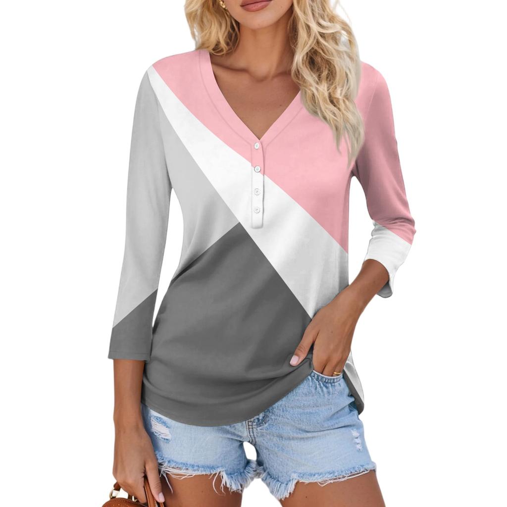 Damen Casual Mode Sexy Bequem V-Ausschnitt Knopf Streifen Patchwork Farbe Dreiviertelarm Oberteil