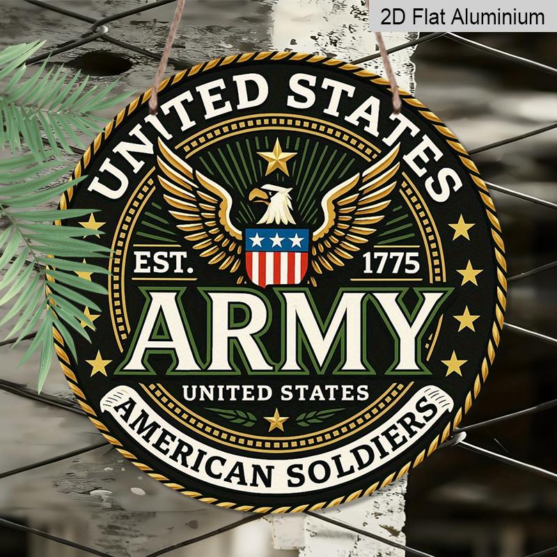 2D Flat, 1pc Round Aluminum US Army Metal Sign, "United States Army" Patriotic Wall Art with Eagle & Crest, Durable, Easy to Install, Perfect for