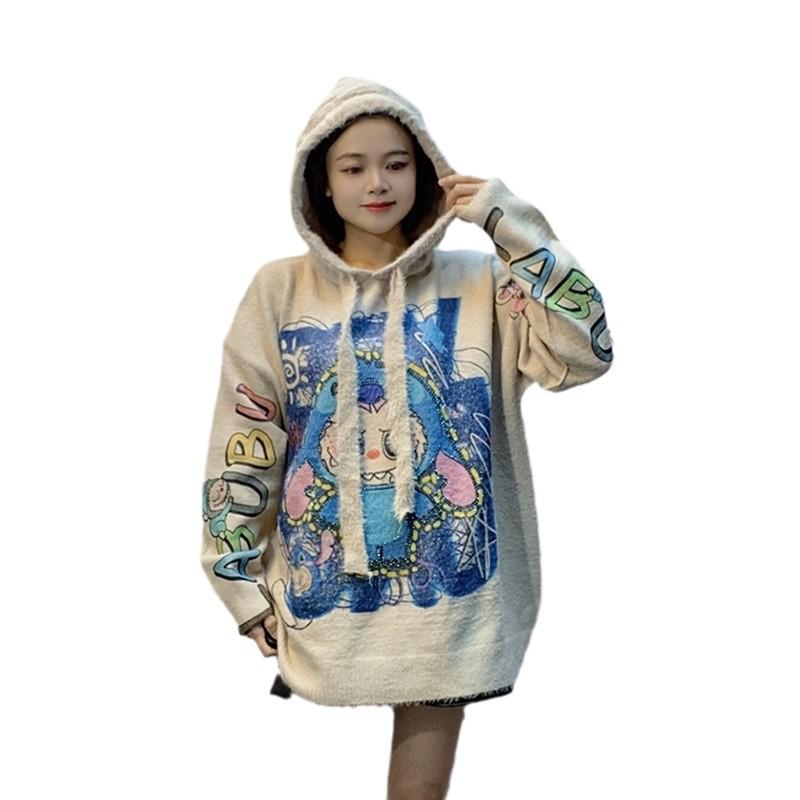 European Plus Size Mink Cashmere Cartoon Hoodie Sweater - Women’s Soft, Thick, Loose Fit with Hot Drilling Design.