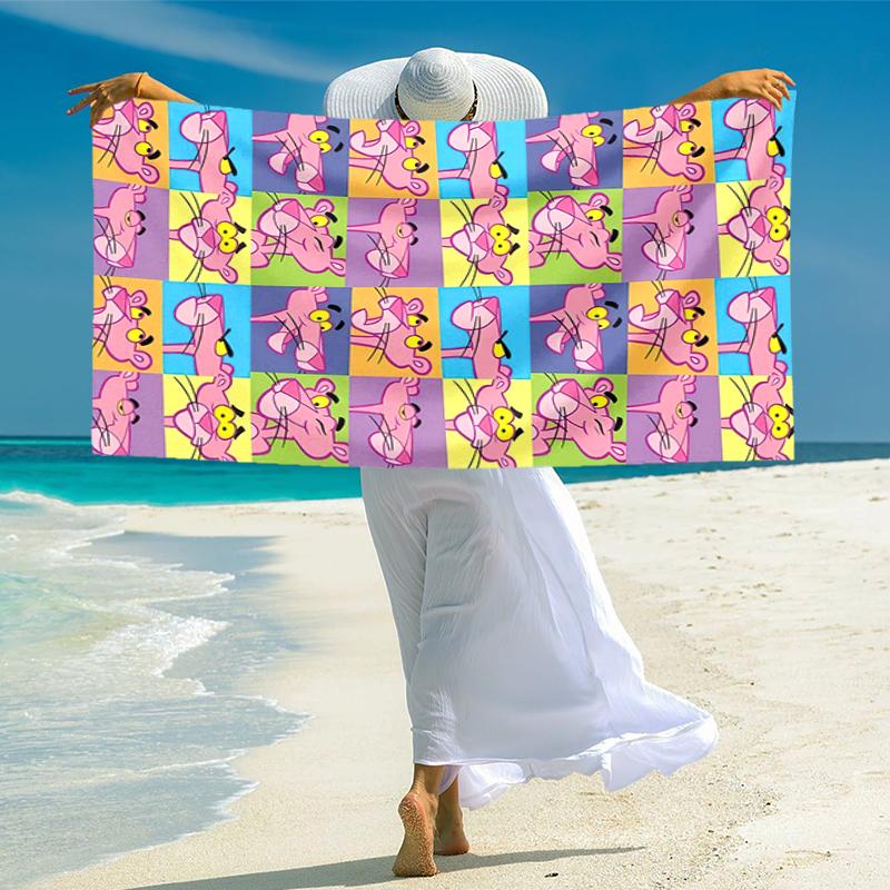 Retro Pink Panther Cartoon Druck Strandtuch Weiches Strand-Outdoor-Pool-Handtuch Schnelltrocknendes Badetuch Schwimm-Druck Außen-Picknick-Strandmatte Strandtuch