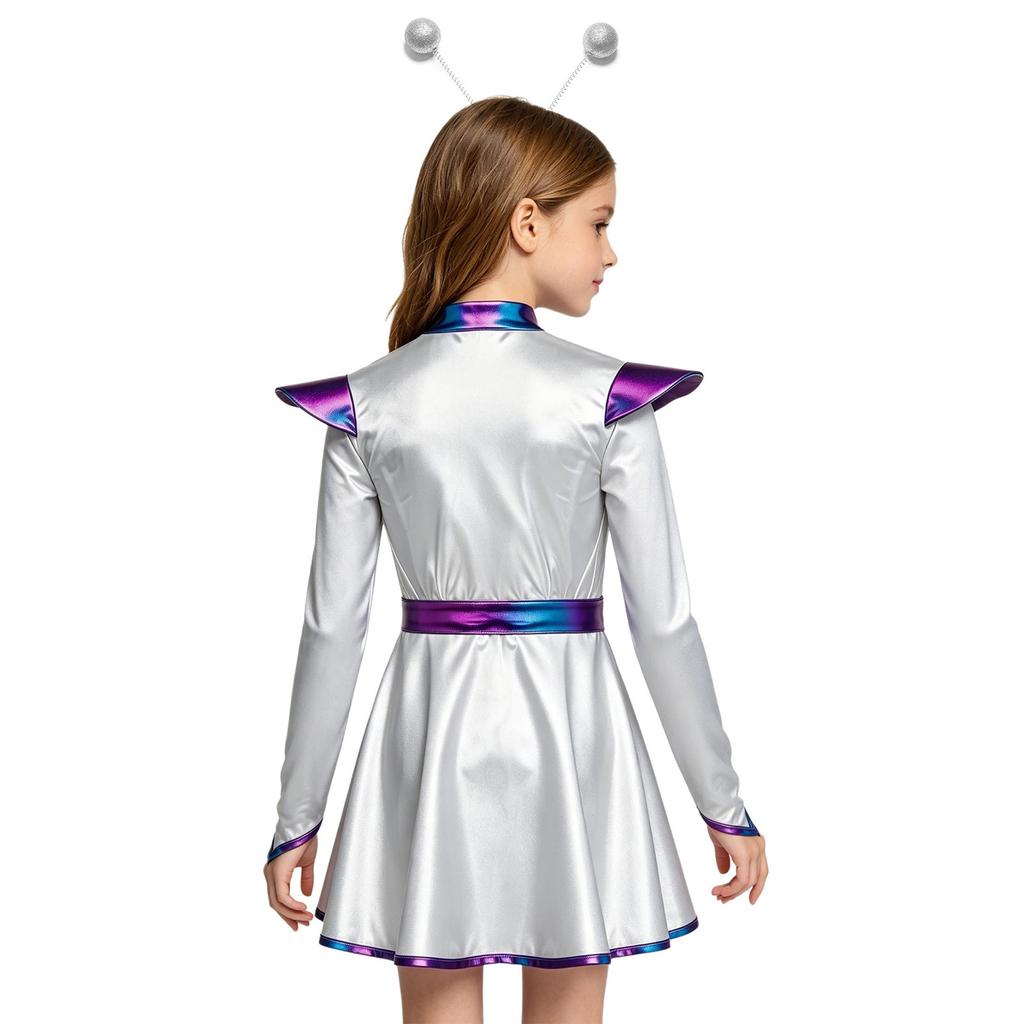 Girls Halloween Alien Costume Long Sleeve Zip Up A Line Dress Belt Hair Hoop Shiny Metallic Robot Outer Space Costume for Party
