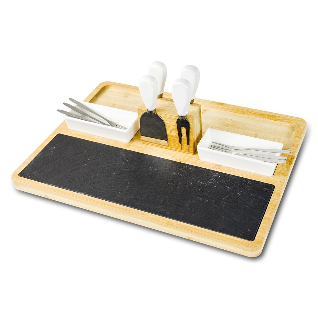 Bamboo Board for Cold Cuts, Cheeses and Snacks + Set of Knives and Forks As a Gift