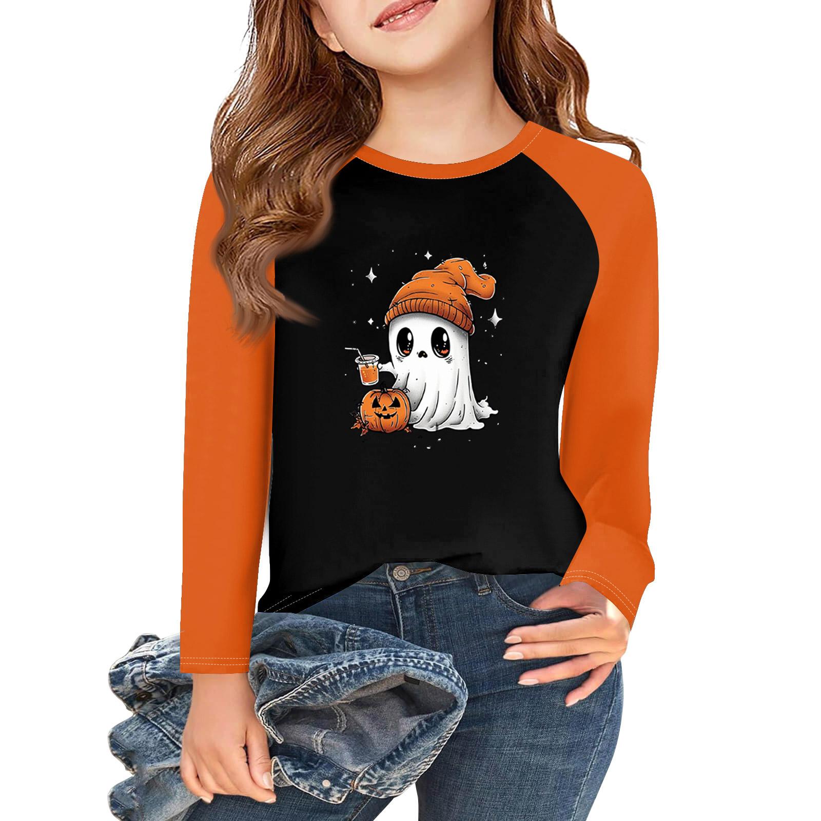 

Girls Long Sleeve Halloween Day T Shirts Kids Fall Tops Crewneck Basic Tees 5-14Y 140 оранжевый