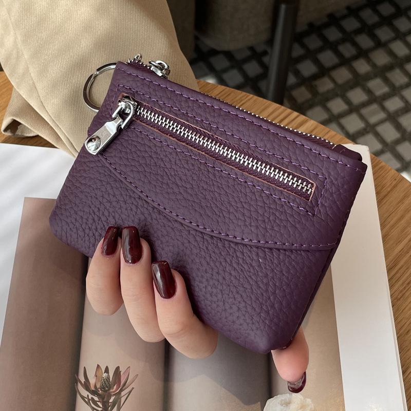 Change Bag Women's Short Small and Thin Zipper Change Bag New First-layer Cowhide Coin Key Storage