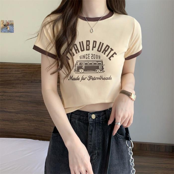 Sommer slank ung jente korte T-skjorter harajuku Enkelt bokstavtrykk Crop Tops Kvinner Uformelt kortermet T-skjorte Sports topp koreanske klær