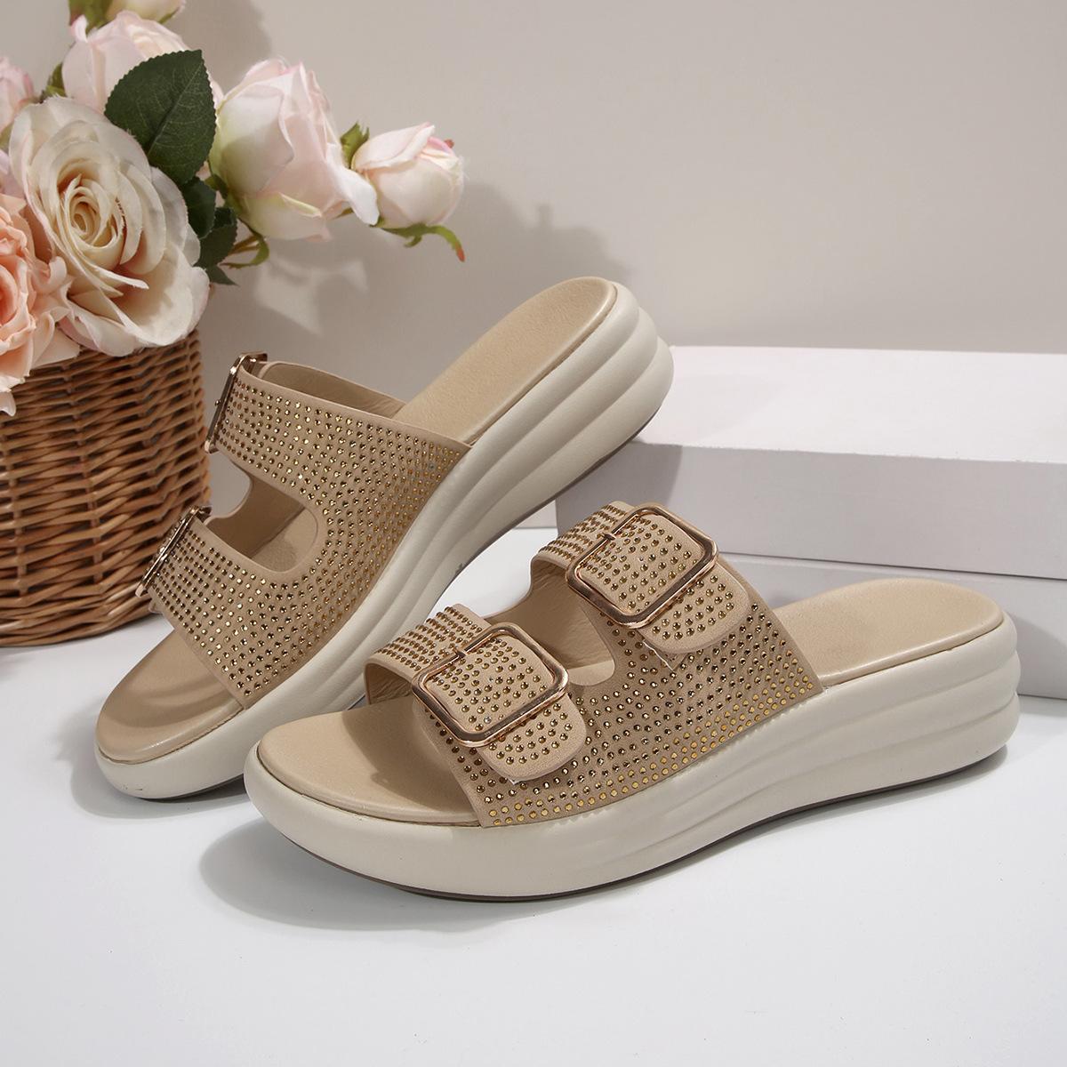 

Foreign trade new rhinestone one-word open-toe thick-soled slippers women wear belt buckle hollow beach cool slippers 41 хакі