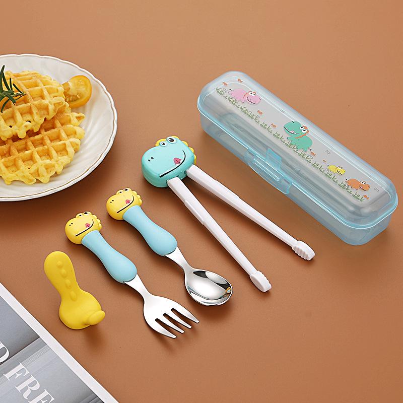 304 Stainless Steel Baby Tableware Set - Includes Spoon, Fork, Anti-Fall Cute Cartoon Chopsticks for Kids