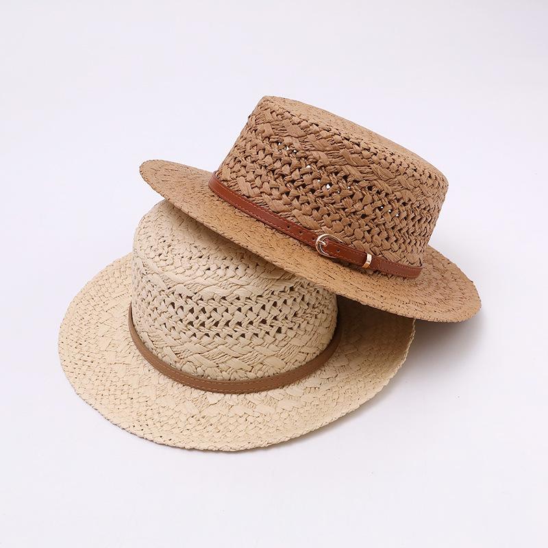 New Breathable Hollow-Out Woven Wide-Brimmed Straw Hat Vintage Belt Buckle Beach Vacations Summer Sun Shade Jazz Hat Formal Hat