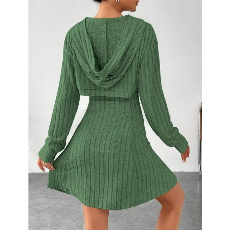 Damski Modny Casualowy Jednokolorowy Krótki Top z Kapturem z Długim Rękawem + Zestaw Sukienki bez Rękawów