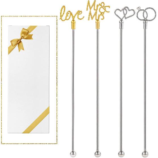 4Pcs Cocktail Stirrers Swizzle Sticks Stainless Steel 7.3  Coffee Stir Sticks with Gold Mr & Mrs,LOVE Shape, for Mixing Cocktail Metal Stir Sticks Cocktail Stirrers