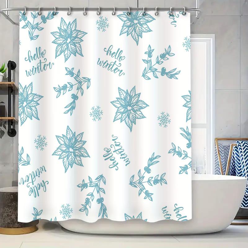 

Christmas Shower Curtain Set Winter Floral Decor, Blue Poinsettia Design For Bathroom Made Of Waterproof Polyester Fabric With H W60H190(CM)-1 Pcs