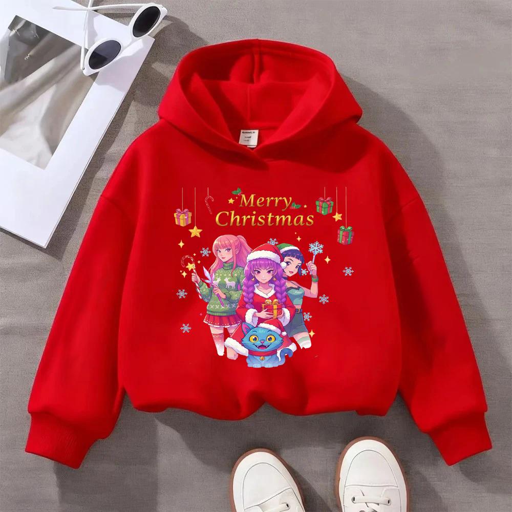 Festive Christmas Kids Hoodie with Adorable Anime Girls and Cute Cat Design for Season's Greetings