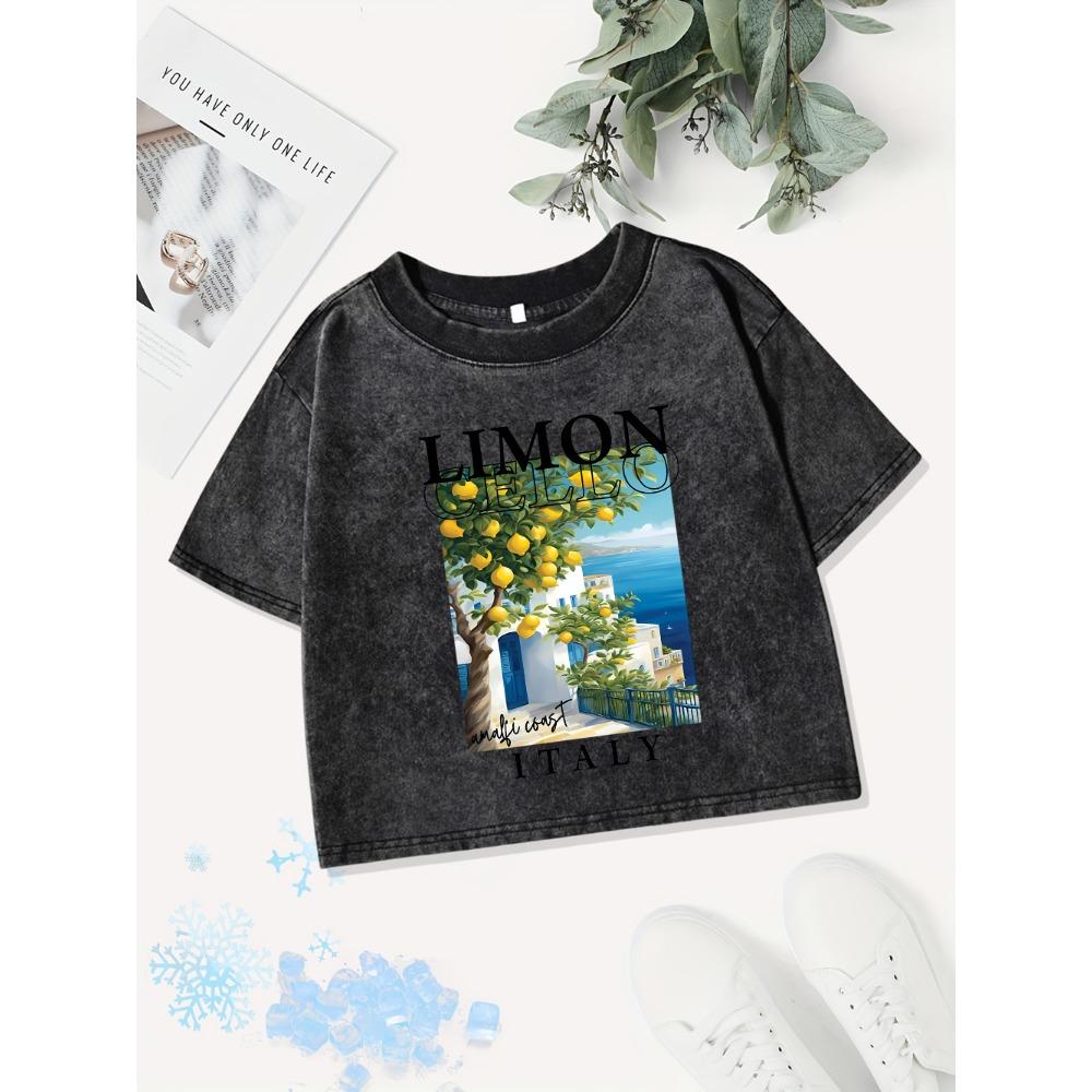 Sexy Cotton Crop Tops Womens Amalfi Coast Italy Lemonprinting Washed T-Shirts Fit Tees Y2K Womans Clothes