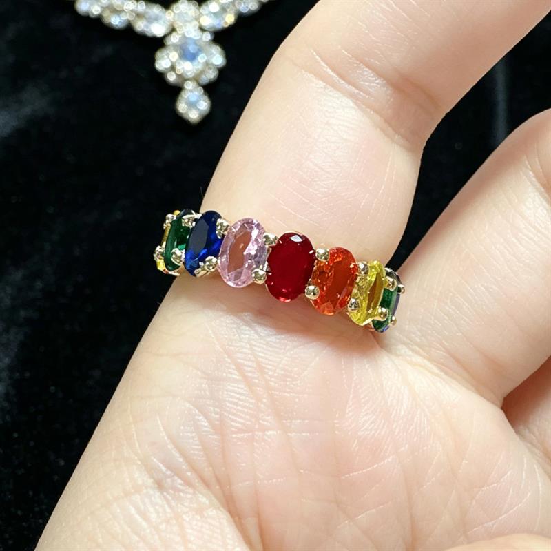 Fashion Rainbow Oval CZ Eternity Women Ring Stackable Band Accessories Daily Wedding Cocktail Fashion Lady Jewelry Gift