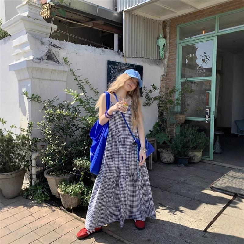 Vintage Summer Waist Tie Slimming Checkered Maxi Dress Ankle Length Skirt For Beach Vacation