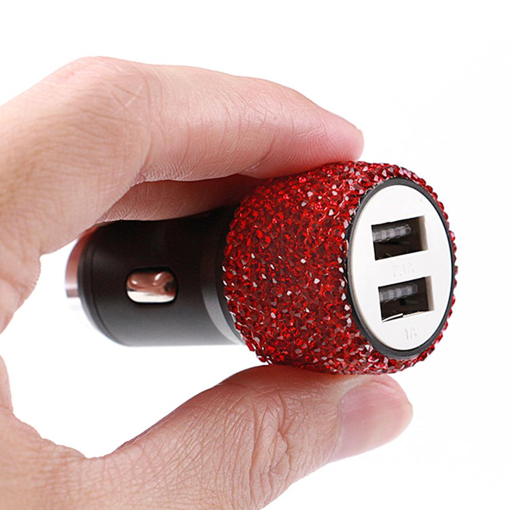 Ny Bling USB Billader 5V 2.1A Dual Port Rask Adapter Rosa Bildekor Bil Styling Diamond Biltilbehør Interiør for kvinne