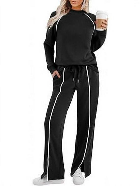 Women's Crew Neck Long Sleeve Stretch Pants and Slit Sweatshirt Set