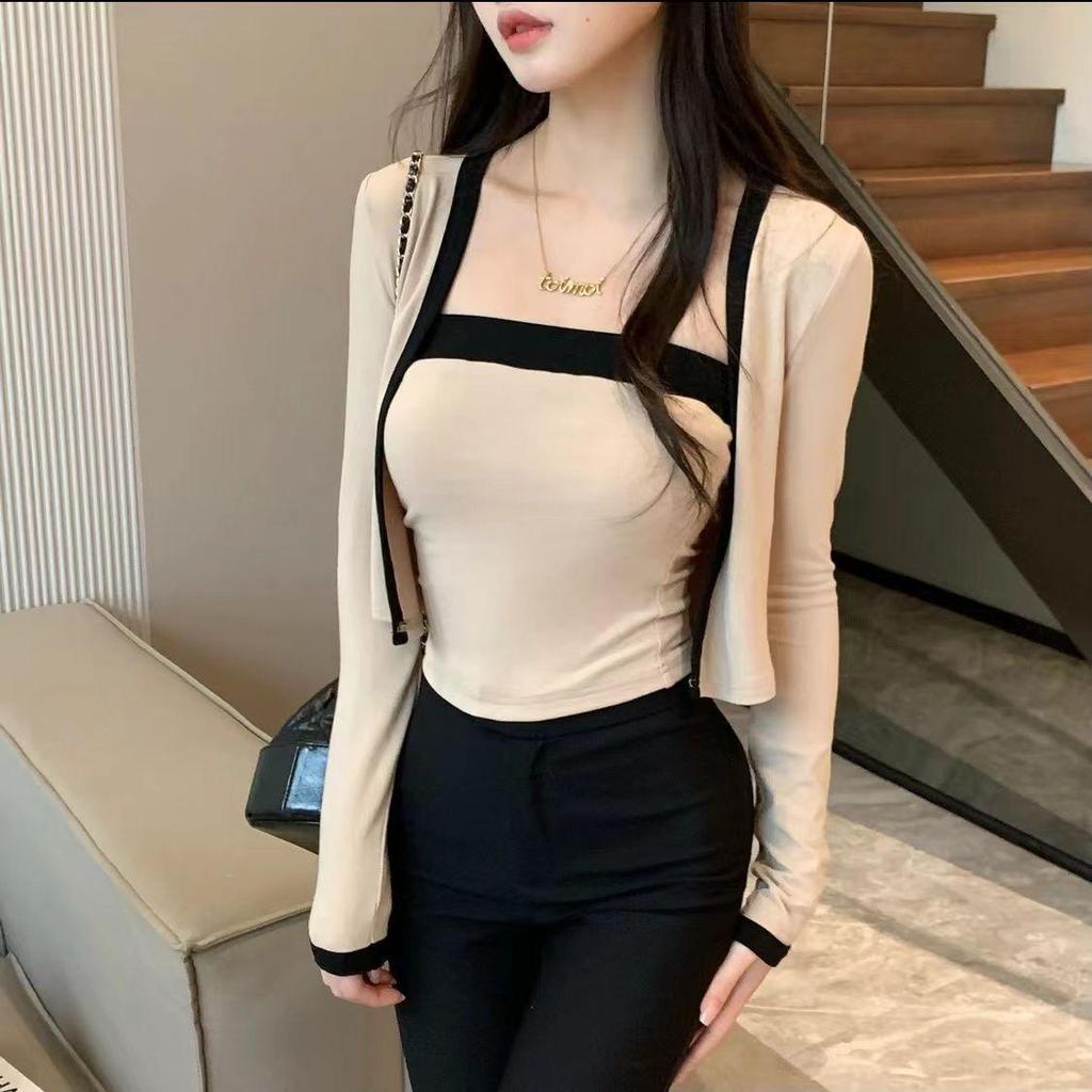 Niche Bodycon Pure Desire Camisole & Slimming Knit Cardigan Set - Women's Two-Piece, Short Tank Top and Long Sleeve Knit Cardigan.