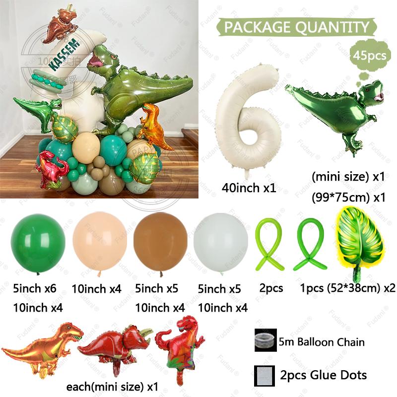 45pcs Jungle Dinosaur Party Balloons Set Mini Dinosaur Balloon Cream White Number Ballon Kids 1 2 3 4 5Year Birthday Party Decor
