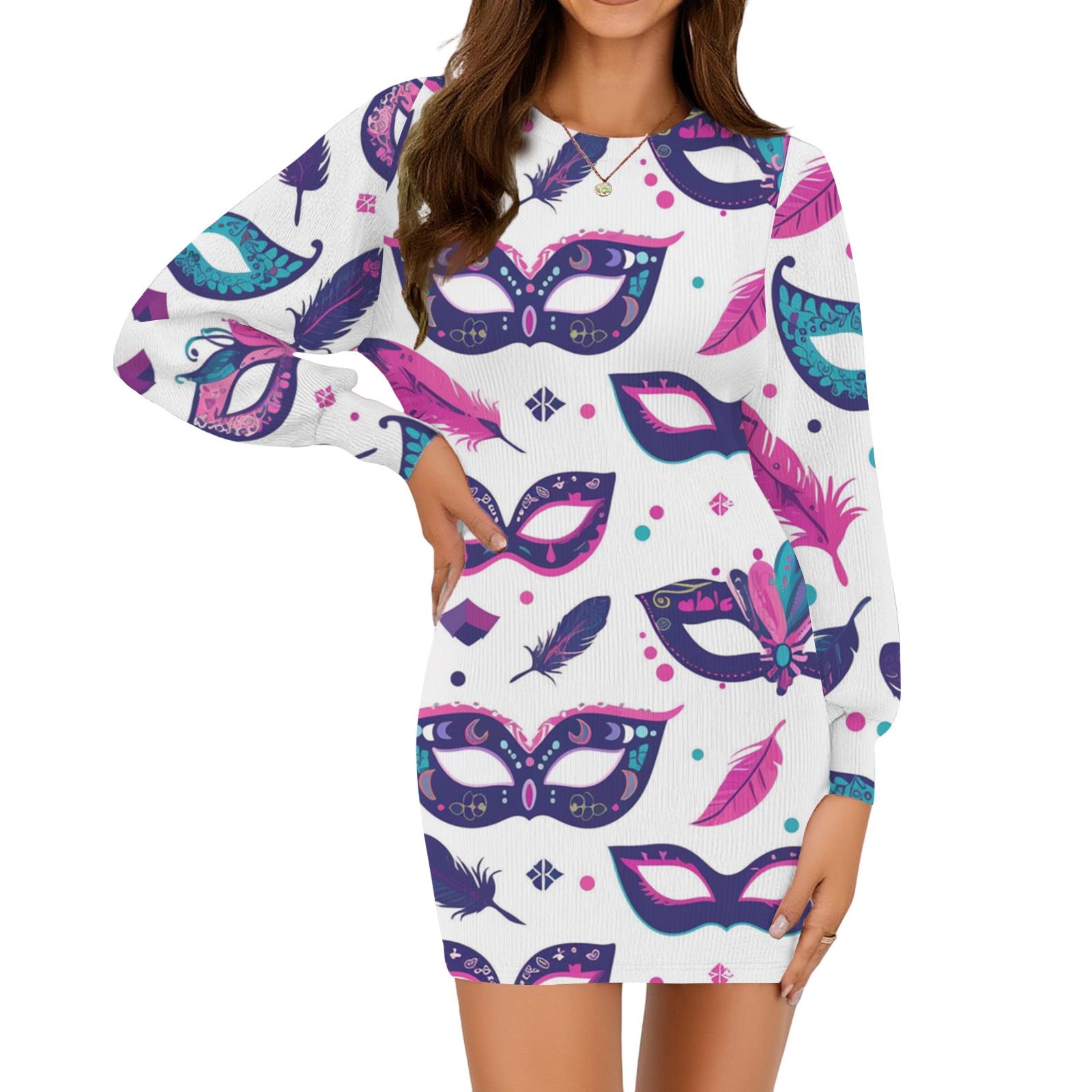 

Ladies fashion casual round neck long sleeve Carnival print dress XL білий