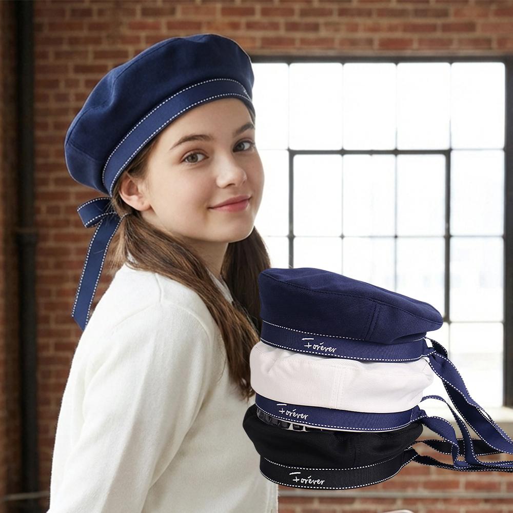 Japanese School Style Fashion Ribbon Octagonal Cap Women Letter Embroidery White Beret Hat Bowknot Tie Uniform Hat Sailor Hat