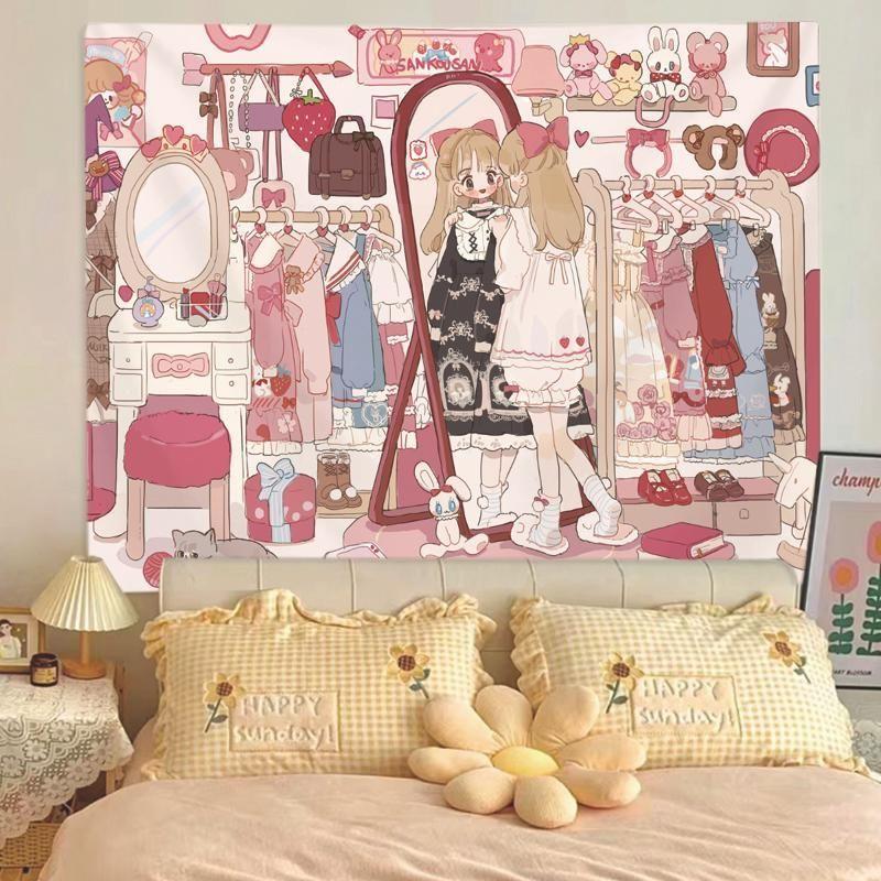 Girl Cartoon Illustration Tapestry Wall Hanging Home Decor for Bedroom Living Room Dorm Lolita Sweet Pink Linen