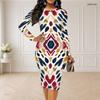 Women Plus Size Round Neck Long Sleeve Printed Bodycon Midi Dress