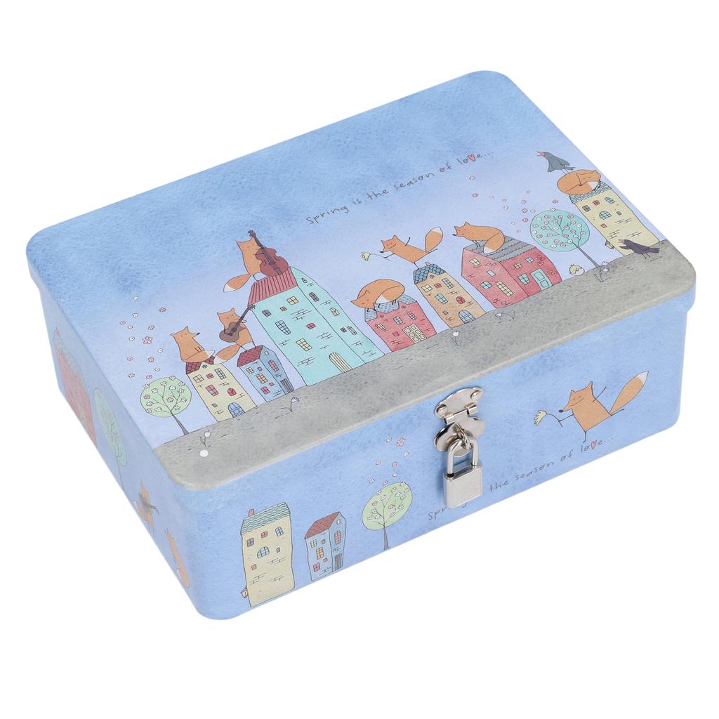 Tinplate Empty Tins Metal Vintage Sundries Storage Box with Lock Lid Cartoon Kids Gift L