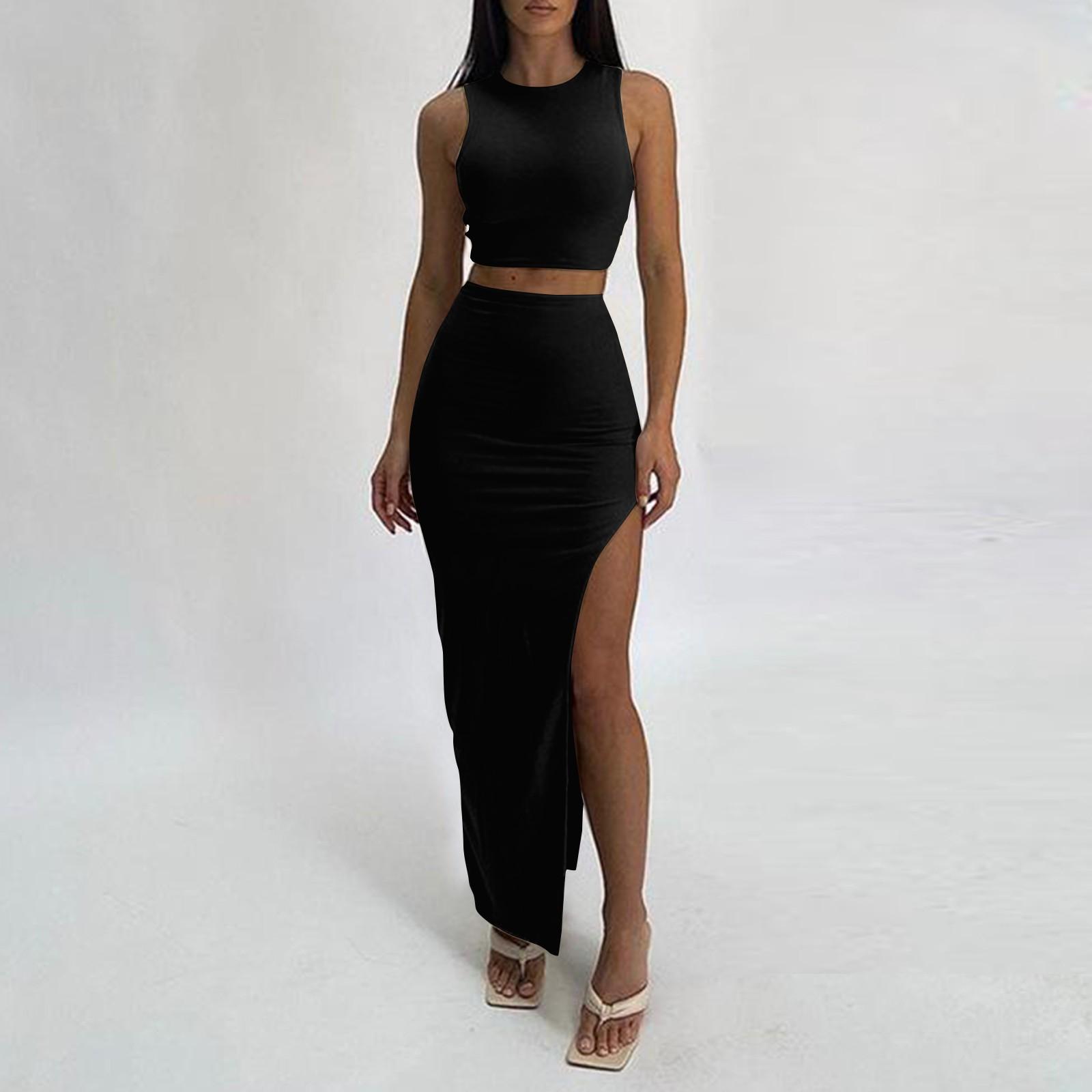 

Летняя длинная юбка, круглый вырез, однотонный разрез, сексуальный костюм с юбкой, облегающий бедра S чёрный