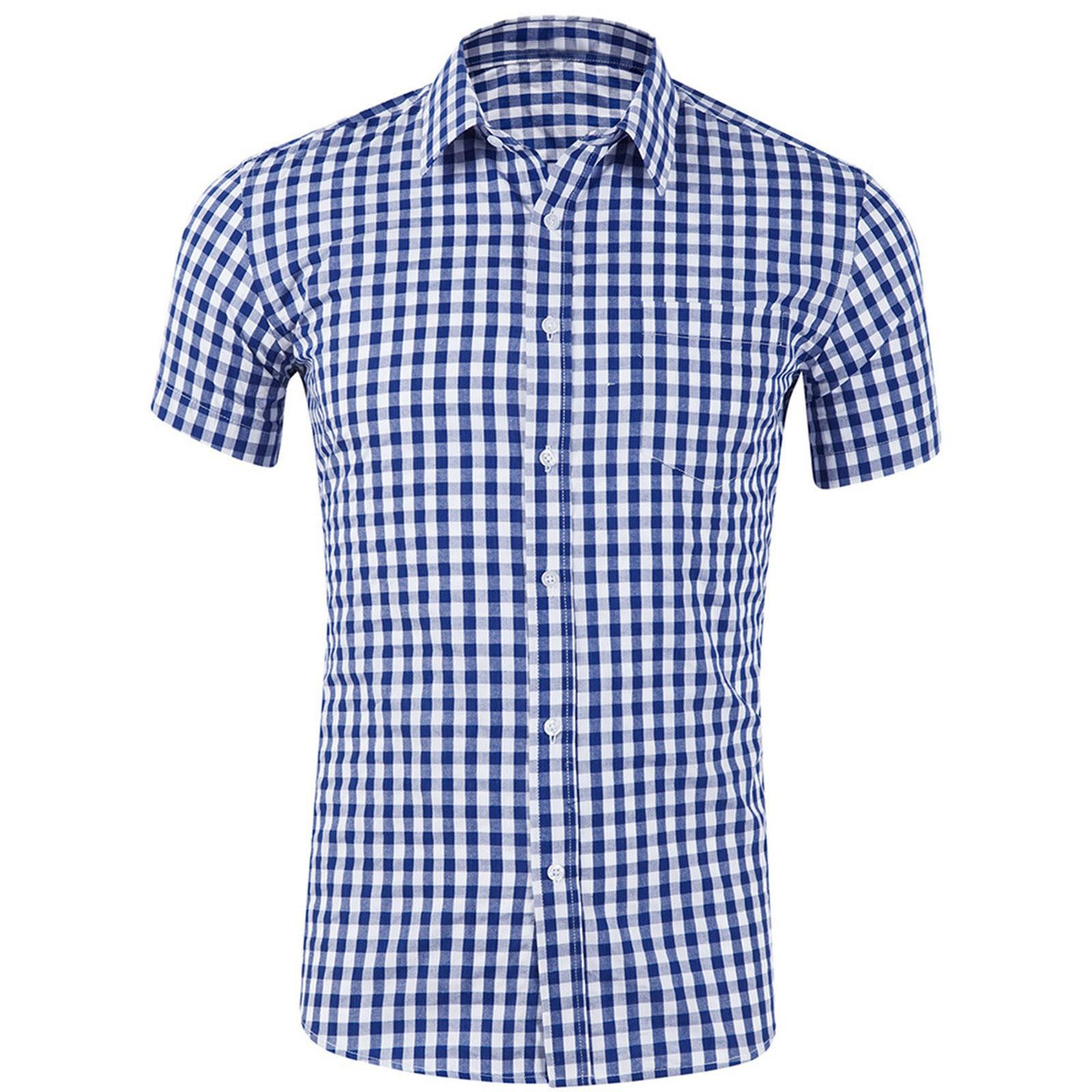 Men S Lapel Short-Sleeved Shirt Casual Small Check Short-Sleeved Shirt M