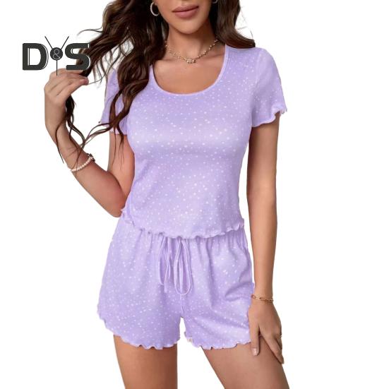 Women's Pajamas Set Short Sleeve Crew Neck Top Elastic Waist Drawstring Shorts Ruffle Lounge Set Summer 2 Piece Sleepwear Set