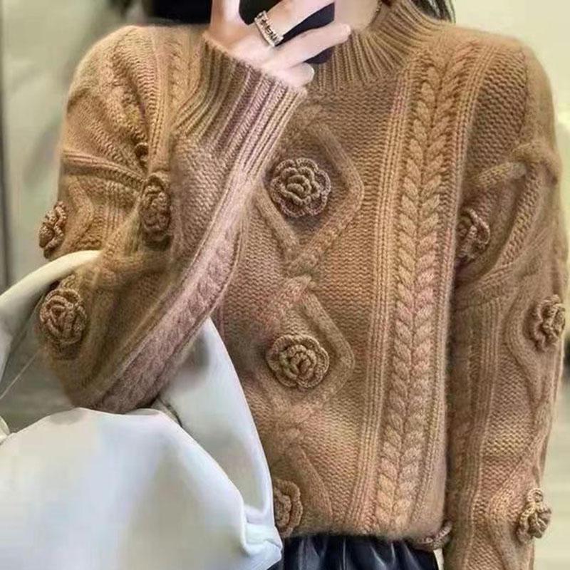 Women's Autumn and Winter Sweater Thickened Warm Knitted Stretchy Long-Sleeve Oversized Top